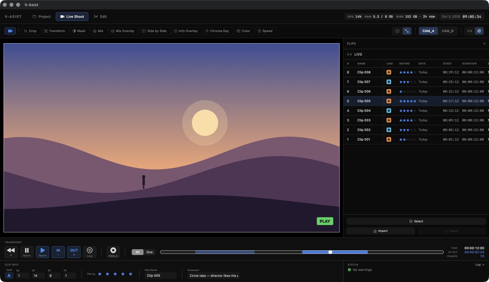 Disk playback with several IN/OUT pairs on the timeline