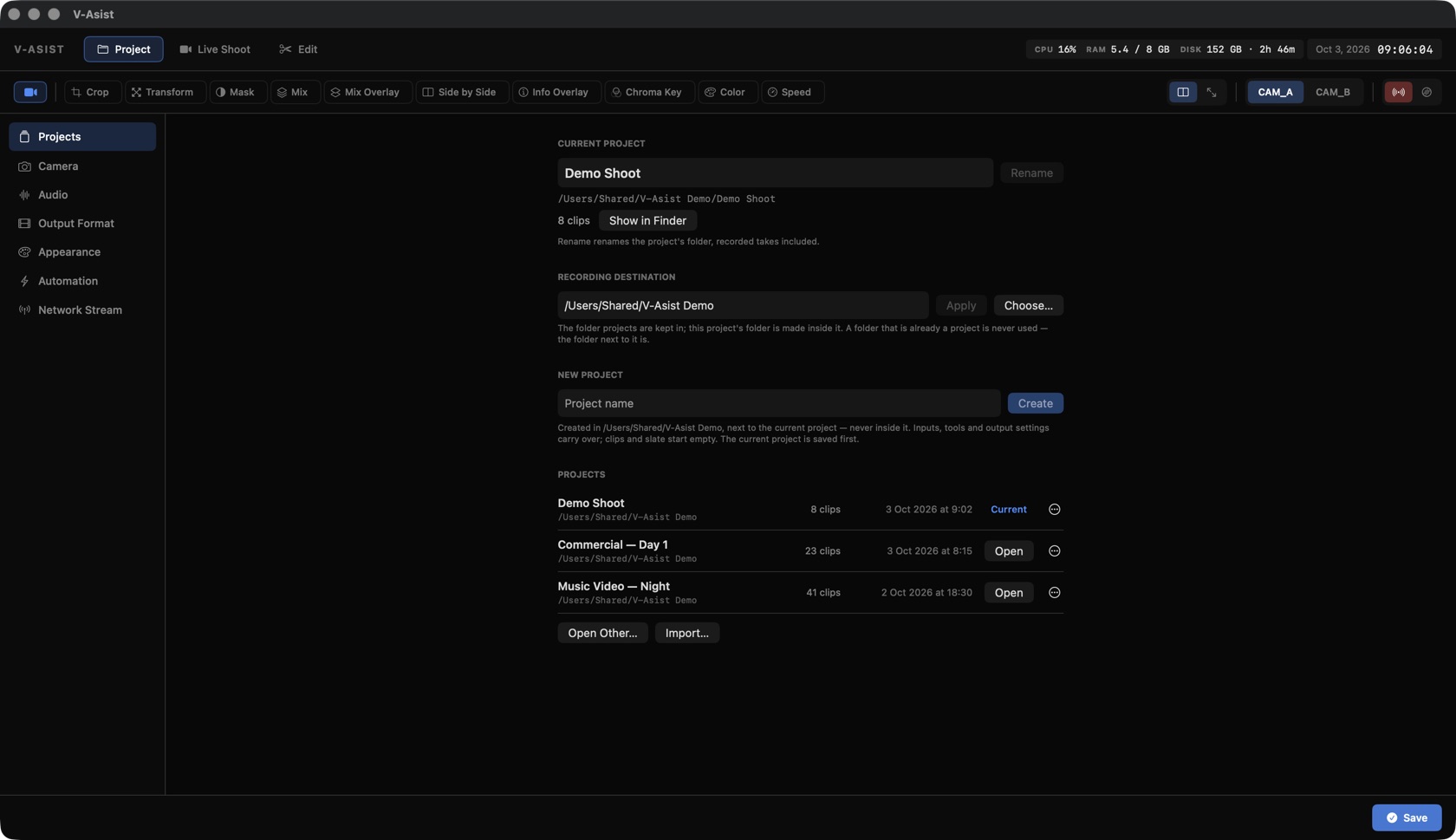 Projects tab with three projects