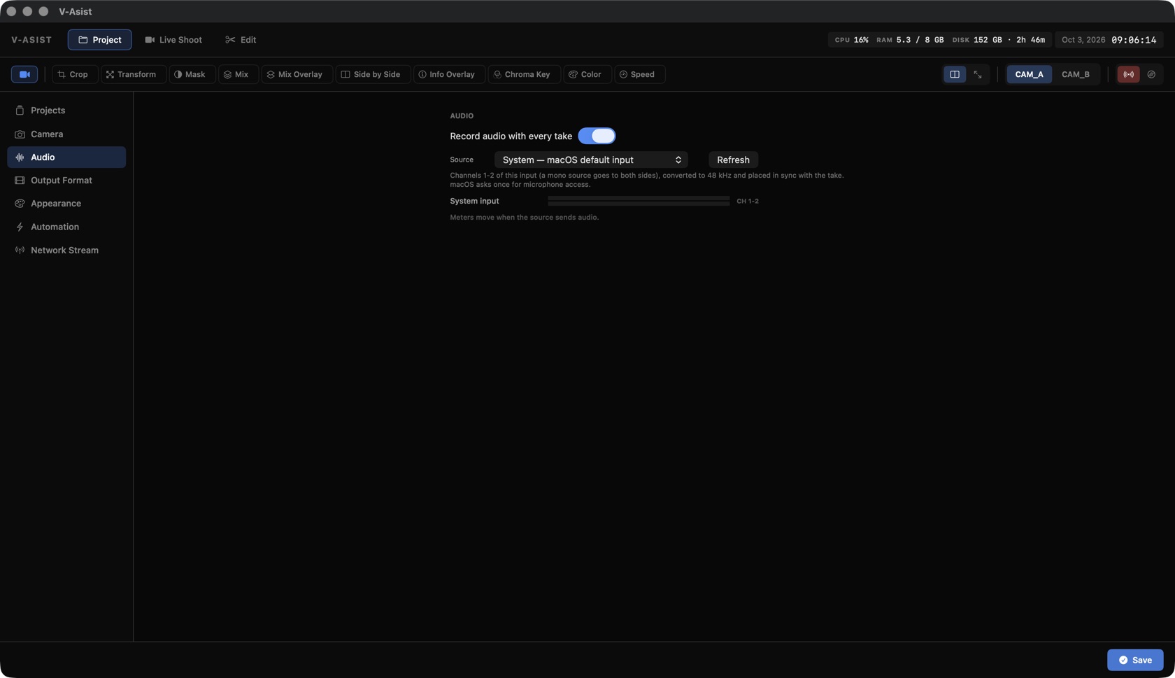 Audio settings: record switch and source picker