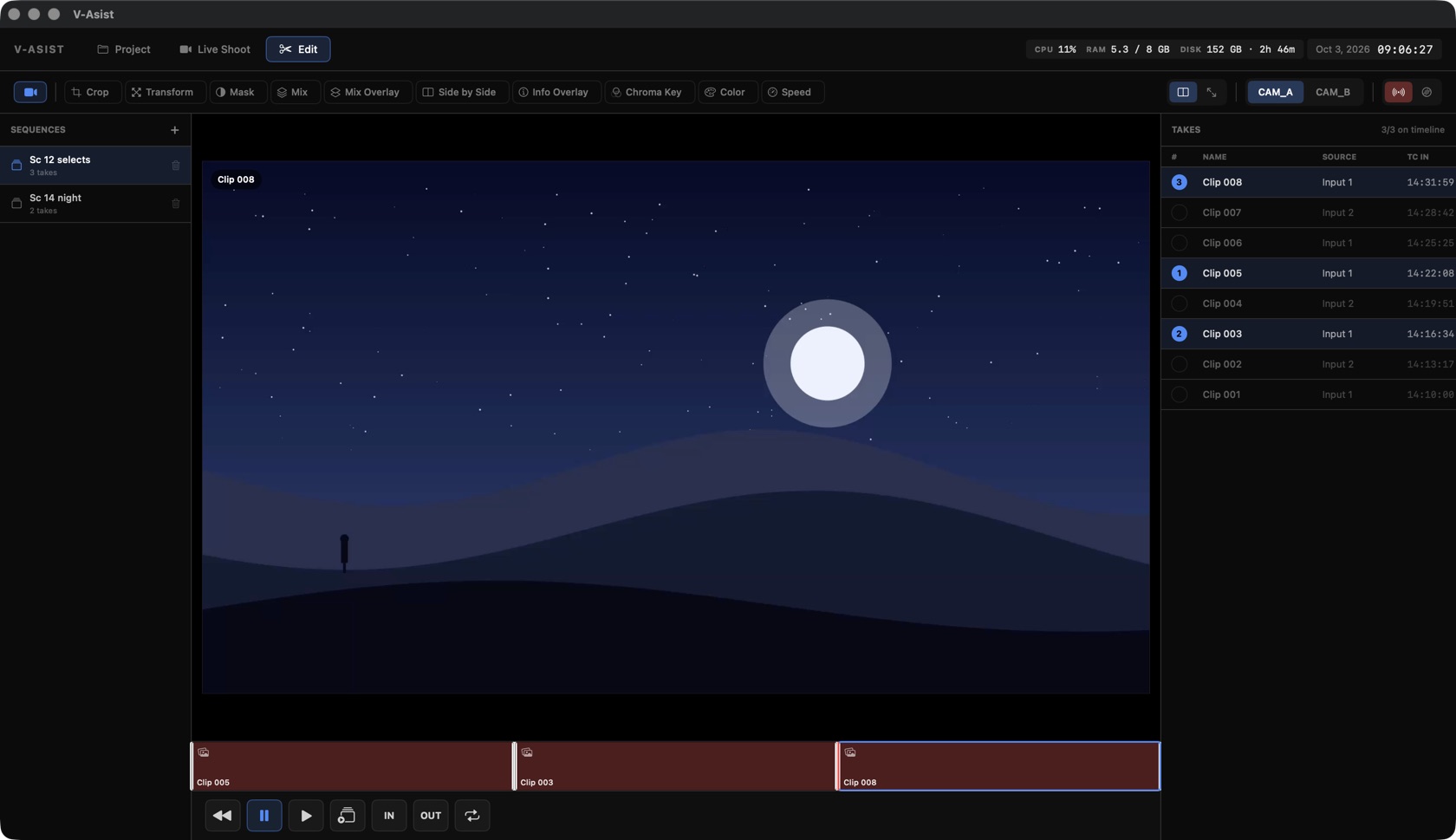 Edit room with a sequence of three takes