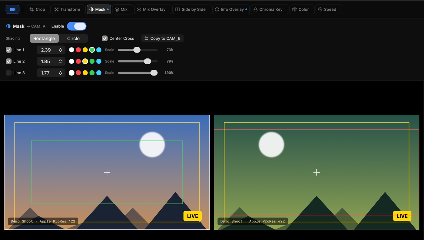 Mask tool with 2.39 and 1.85 frame lines