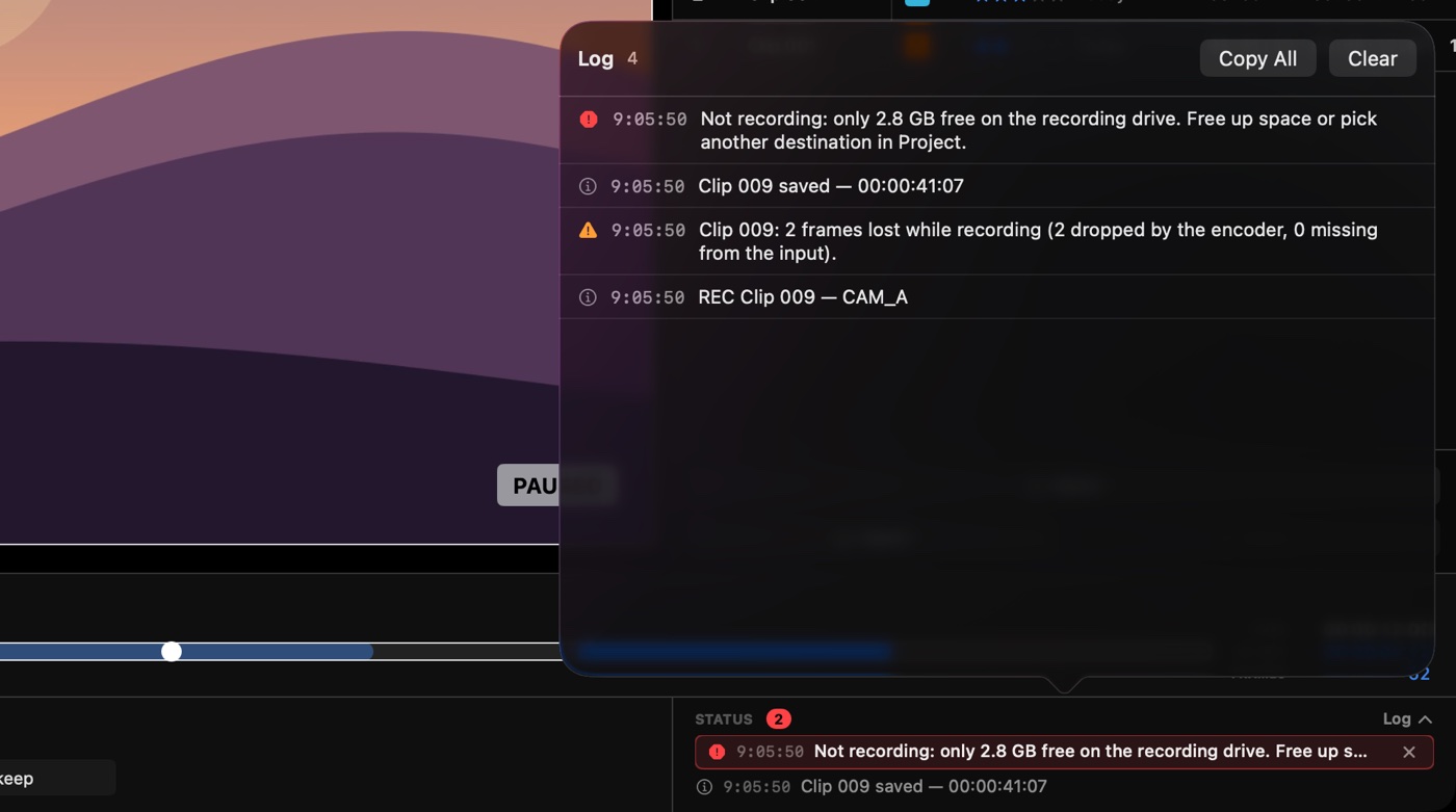Status panel and the full log