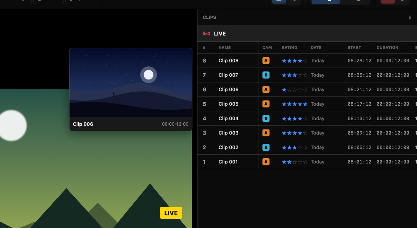Clip list with a thumbnail of the take under the pointer