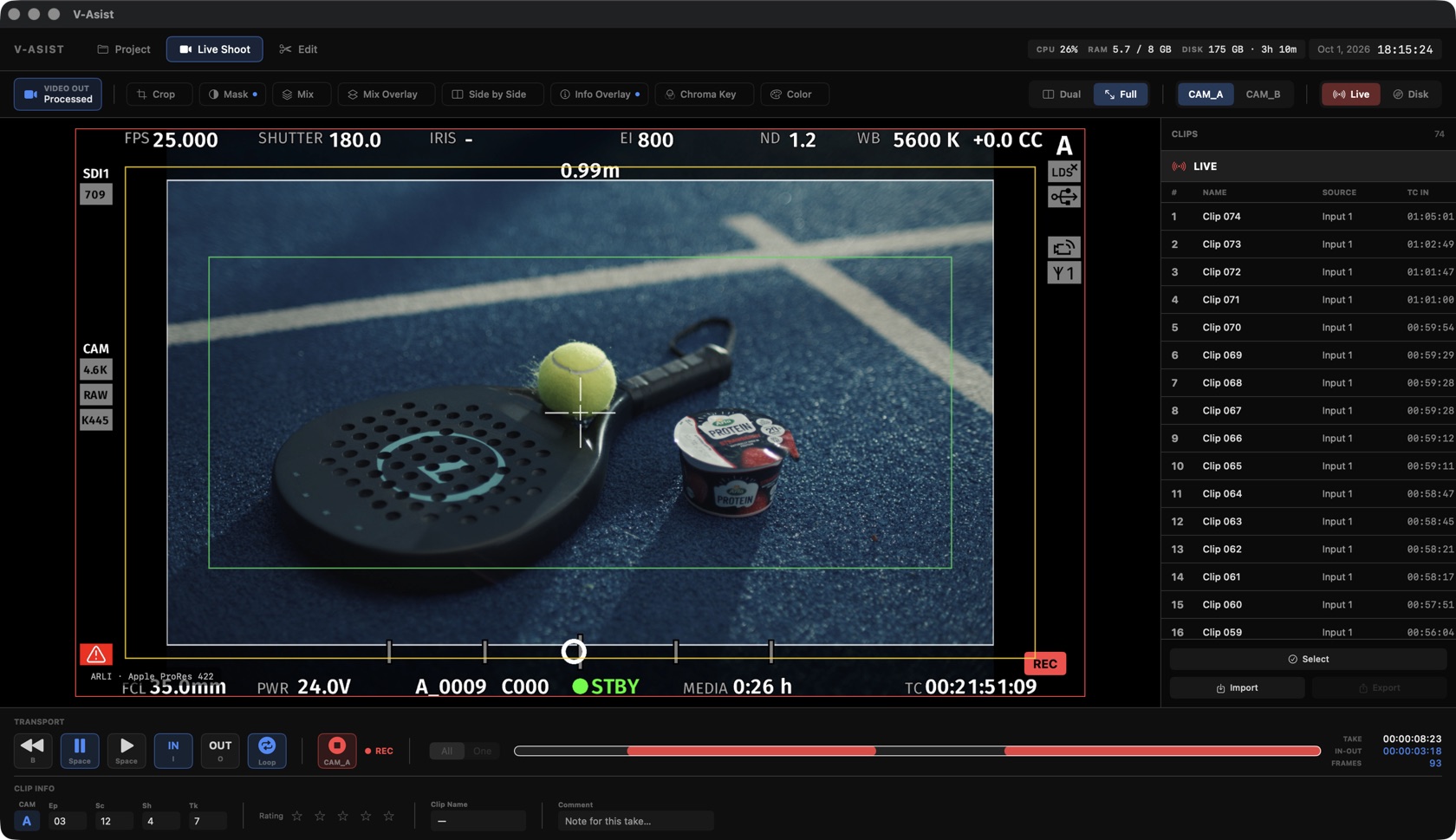 V-Asist recording a take on set: live ARRI picture with frame lines, REC, and IN/OUT ranges in red on the timeline